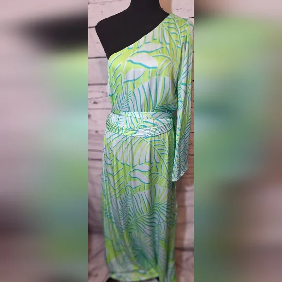 Boston Proper One Shoulder Maxi Dress Green Blue Tropical Print  Sz 12 #1917 - Picture 2 of 10